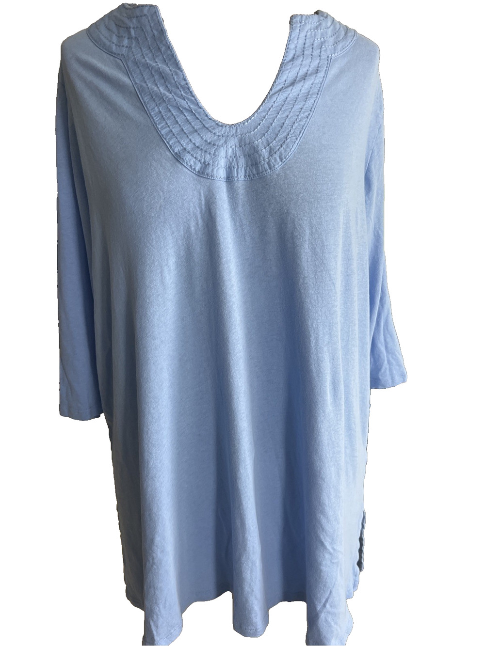 pure jill tunic top  linen blend top 3/4 sleeve L blue woman preppy coastal